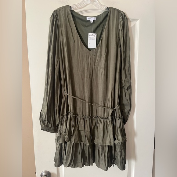 Socialite Dresses & Skirts - Socialite “Dusty” Olive Silky Smooth Long Sleeve Ruffle Dress Women’s Size L